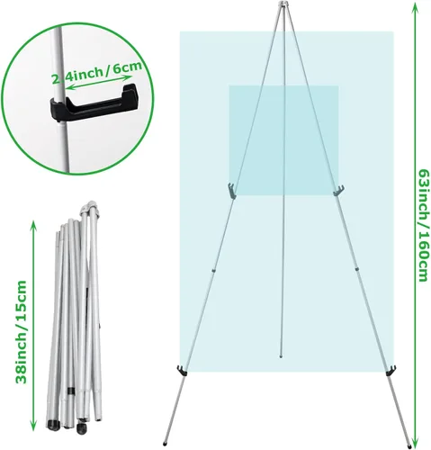 Vista 2 de CertBuy Paquete de 2 caballetes plegables plateados, caballetes de 63 pulgadas para mostrar imágenes, soporte de caballete negro para exhibir