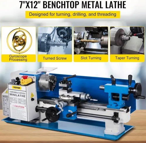 Vista 2 de VEVOR Torno de metal 7"x12", mini torno de mesa de precisión, 550W, velocidad variable de 50 a 2500 RPM, engranaje de nylon, lámpara móvil
