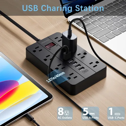 Vista 2 de Tira de alimentación con puertos USB, cable de extensión HUNIAN de 5 pies con enchufe plano y 8 tomas, cargador de 6 USB (1 puerto USB C), protector