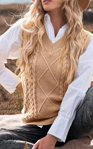Vista 7 de NALANISA Suéter sin mangas con cuello en V para mujer, de gran tamaño, casual, holgado, de punto trenzado, sin botones, para otoño e invierno