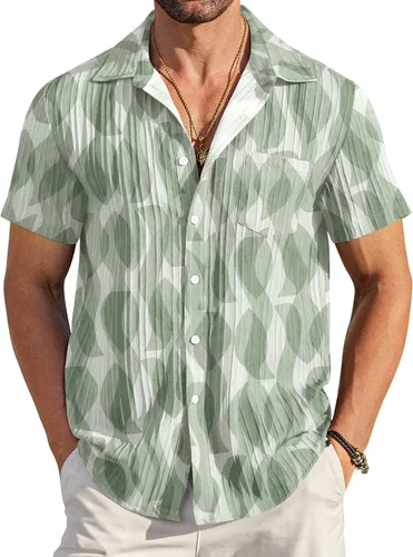 Vista 39 de COOFANDY - Camisas de botones casuales para hombre, de manga corta, con textura, camisa de playa de verano con bolsillo