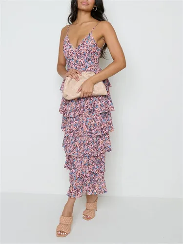 Vista 5 de Sunloudy Vestido ajustado sexy con volantes para mujer, con tirantes delgados, sin mangas, dobladillo con volantes, ropa de calle para la playa