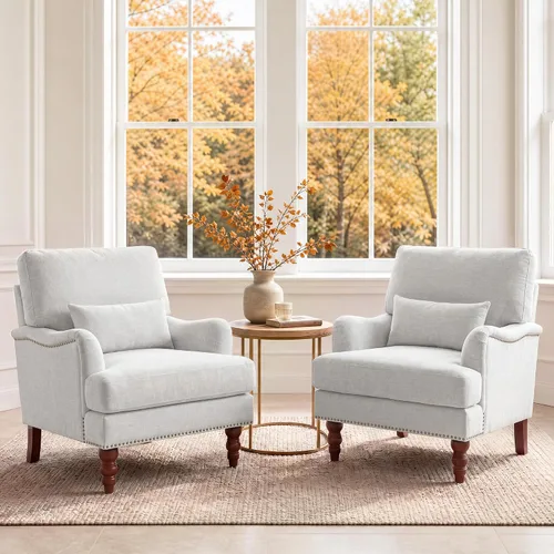 Vista 15 de Mid-Century - Silla decorativa moderna con almohada lumbar, color gris Chenille Gris Claro