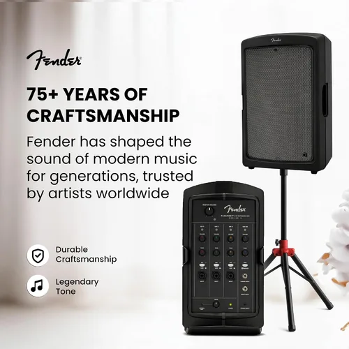 Vista 9 de Fender Paquete de sistema PA portátil Passport Conference S2 con kit de micrófono, soportes de altavoz compactos y cable de instrumento