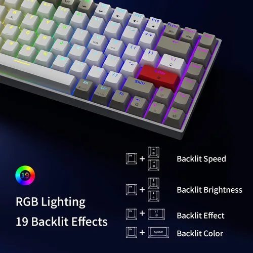 Vista 4 de Newmen GM840 75% teclado inalámbrico Bluetooth2.4Gcable compacto 84 teclas, teclado mecánico intercambiable en caliente, retroiluminado RGB, teclado