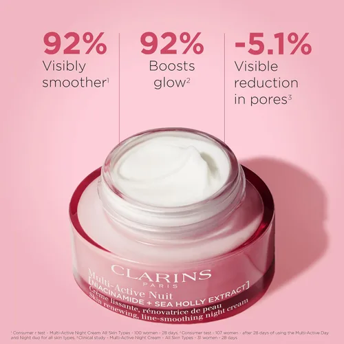 Vista 2 de Clarins Hidratante nocturno renovador multiactivo con niacinamida Suaviza las líneas finas que aprietan visiblemente los poros, incluso el tono