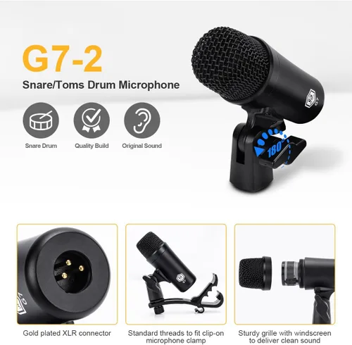 Vista 3 de W IN-MIX Kit de micrófono de batería G7 de 7 piezas, construcción totalmente metálica con salidas XLR, micrófonos dinámicos para patada, trampa