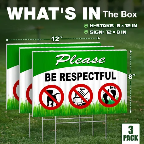 Vista 2 de Letreros de perro con texto en inglés «Please Be Respectful» de 8 x 12 DS Coroplast Keep Off Grass, sin desperdicios, frena a tu perro Keep Off