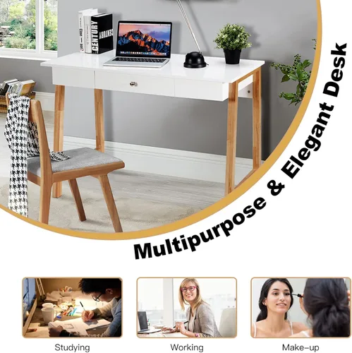 Vista 8 de COSTWAY Escritorio para computadora de 42 pulgadas con cajón de almacenamiento, moderna mesa de estudio de escritura en casa con patas de madera