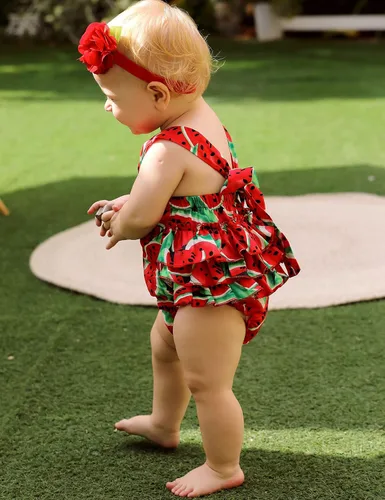 Vista 7 de Mameluco de verano con diseño floral y volantes para niña bebé, con diadema