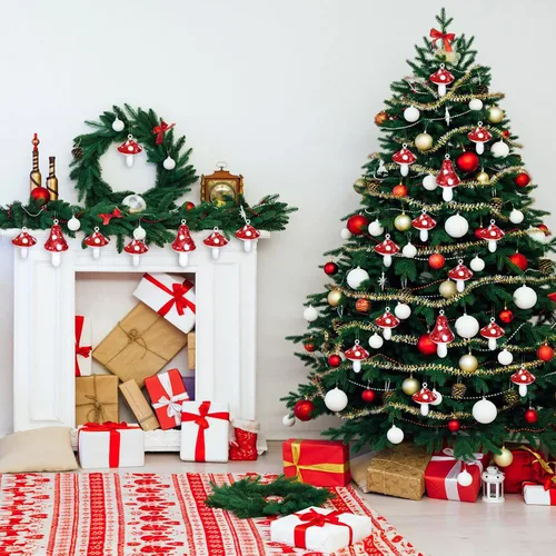 Vista 5 de Sosation 24 adornos navideños de hongos rojos y blancos, adornos colgantes decorativos para árbol de Navidad, vacaciones, decoración de fiesta