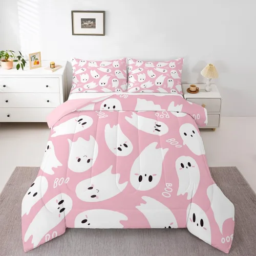 Vista 5 de Castle Fairy Happy Halloween - Juego de edredón para niños, tamaño Queen, juego de ropa de cama con diseño de fantasmas de dibujos animados rosa