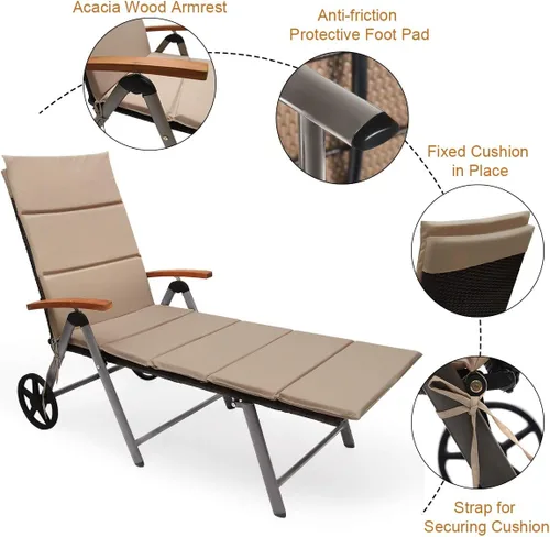 Vista 9 de Tangkula Tumbona de mimbre plegable con respaldo ajustable de aluminio de ratán reclinable con ruedas (mezcla marrón)