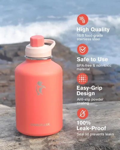 Vista 5 de Coolflask Botella de agua de 64 onzas aislada con funda de cuero PU, botella de agua de medio galón con contraste de color y tapa con popote, jarra