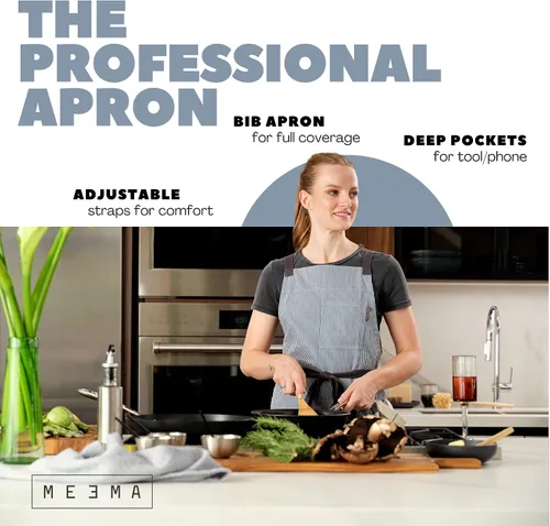 Vista 3 de MEEMA Cooking Aprons for Women with Pockets Comfortable One Size Fits All Upcycled Adjustable Cross Back Aprons for Men
