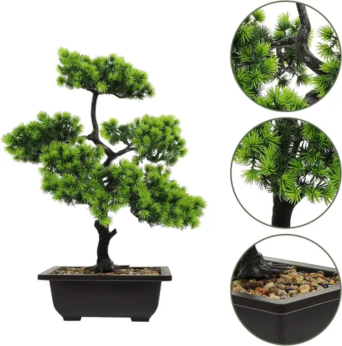 Vista 8 de Yardwe Árbol de pino bonsái artificial: plantas de imitación de pino en maceta, arreglos florales acogedores, decoración de Feng Shui, centros