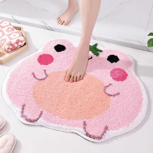 Vista 10 de Panstar Bonita alfombra de baño de rana antideslizante, alfombra de ducha peluda absorbente de lujo, divertida decoración de baño lavable