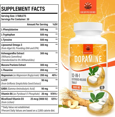 Vista 6 de Kroppssund - Suplementos de dopamina con L-teanina y Ashwagandha, fórmula de liberación prolongada 12 en 1, 3000 mg por porción, 90 tabletas