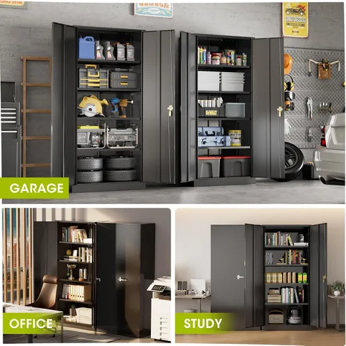 Vista 7 de Greenvelly Armario de almacenamiento de metal con cerradura, gabinete de almacenamiento cerrado negro de 72 pulgadas con 2 puertas y 4 estantes