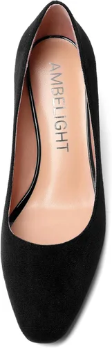 Vista 3 de AMBELIGHT Zapatos de vestir de oficina con punta cuadrada para mujer, zapatos de vestir casuales de gamuza con tacón bajo, zapatos de tacón bajo