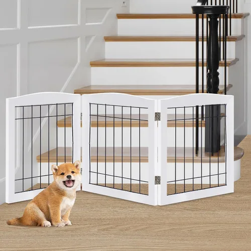 Vista 7 de LZRS Puerta plegable independiente de madera para perros de 2 paneles, madera maciza y alambre de acero, barrera para mascotas resistente a