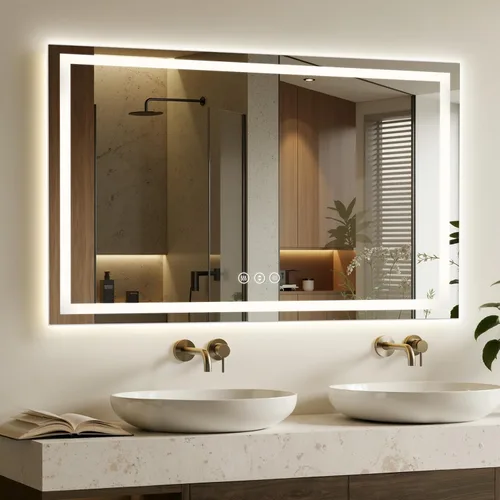 Vista 27 de Espejo de baño LED de 16 x 24 pulgadas con luces, antiniebla, retroiluminado + luz frontal, espejo de tocador de baño iluminado para pared, función