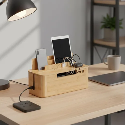 Vista 2 de Relaxdays Caja de cables para 2 regletas de alimentación de bambú, HBT: 6.3 x 11.8 x 5.1 in, soporte para tablet y teléfono celular, color natural