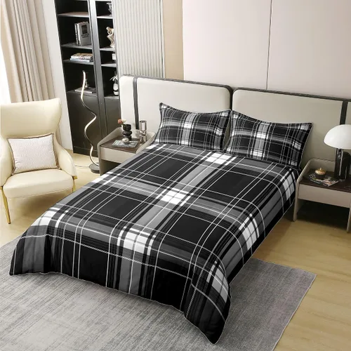 Vista 2 de Erosebridal Juego de ropa de cama de 100 % algodón a cuadros para niños y niñas, funda de edredón a cuadros, funda de edredón moderna geométrica