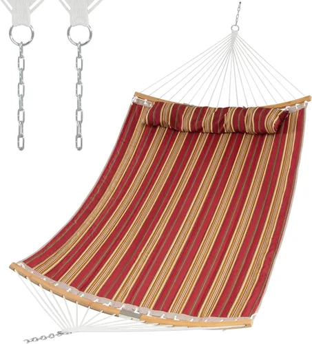 Vista 10 de Giantex Hamaca con almohada desmontable para colgar al aire libre, hamaca de patio con barra separadora de bambú curvada, cadena de acero, hamacas