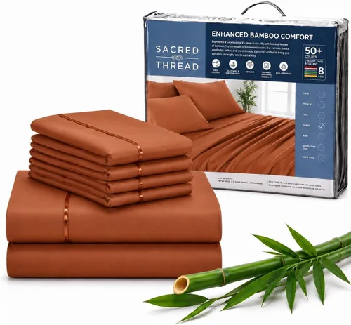Vista 84 de Sacred Thread Sábanas de rayón derivado de bambú tamaño individual, sábanas refrescantes de bolsillo profundo de 18 pulgadas para personas que