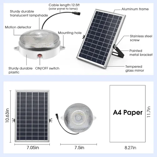 Vista 9 de Paquete de 2 luces solares de techo con sensor de movimiento, regulables de 6000 K/4000 K/3200 K, luz solar de cobertizo con interruptor