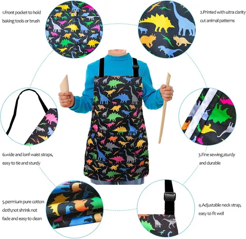 Vista 6 de Delantal de Dinosaurio para Niños Varones con Bolsillo, Delantales de Unicornio para Niñas para Cocinar, Pintar, Delantal de Cocina para Niños de 3