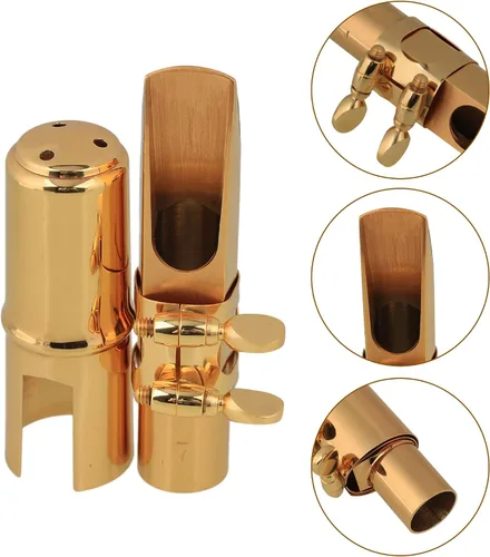 Vista 2 de Yibuy Boquilla de saxofón tenor B-flat de latón chapado en oro con ligadura de tapa 7 #