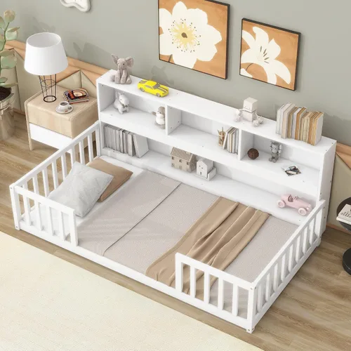 Vista 29 de Cama juguetona en forma de casa de tamaño matrimonial con estantes y luces, marco de cama de metal con techo para niños, adolescentes y adultos, un