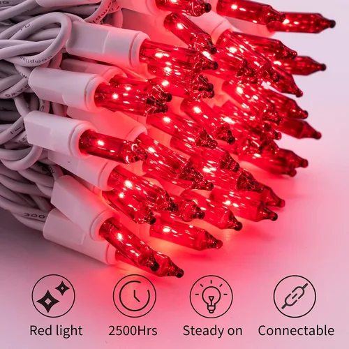 Vista 3 de Mini guirnalda de luces rojas de Navidad, 100 unidades, 25 pies, bombilla incandescente desmontable, impermeable, luces de hadas para interiores