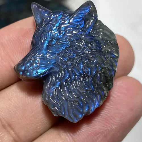 Vista 3 de TEAMWILL Cristal de labradorita natural de cuarzo tallado a mano cabeza de lobo Reiki cristal curativo magnífico escultura de piedra estatua estatua