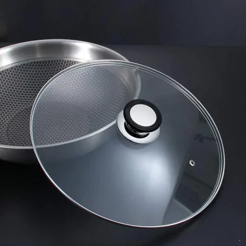 Vista 6 de Tapa de vidrio para sartén, sartén, sartén y tapa de sartén con mango recubierto de anillo de silicona, 9.5 pulgadas, transparente