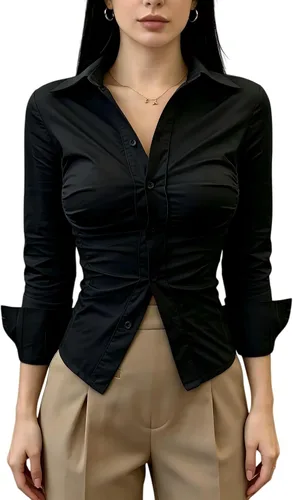 Vista 8 de Camisa sexy de manga larga ajustada con cuello de fila y cintura plisada con botón para camisa de mujer
