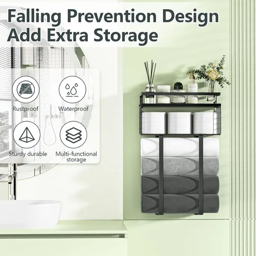 Vista 5 de Xstydes Toalleros para baño, toallero de metal con cesta de almacenamiento, toallero de pared para toallas enrolladas, almacenamiento de toallas