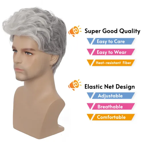 Vista 3 de Peluca gris corta para hombre, peluca sintética resistente al calor, para Halloween, cosplay, peluca de pelo