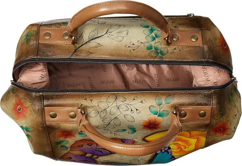 Vista 5 de Anna by Anuschka Bolso grande de viaje de cuero genuino pintado a mano para mujer, asa de doble cuerda, correa ajustable