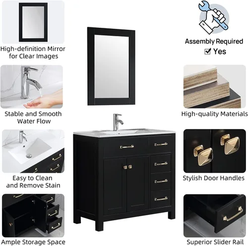 Vista 4 de wonline Lavabo de baño negro de 36 pulgadas y fregadero de cerámica empotrado para fregadero de cerámica con tocador de espejo, juego de tocador