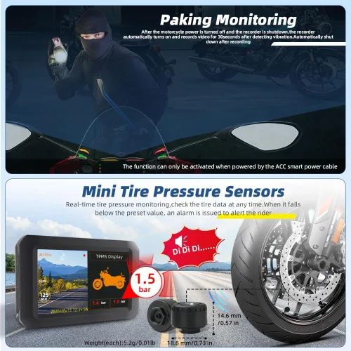 Vista 3 de VSYSTO Cámara WiFi para salpicadero de motocicleta, monitoreo de estacionamiento, GPS de 4 pulgadas, cámara de visión trasera de motocicleta