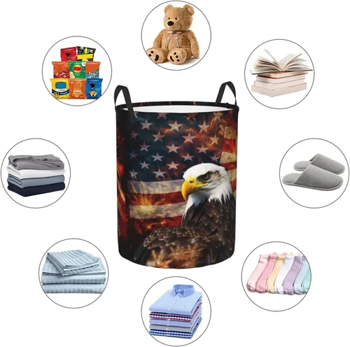 Vista 6 de American Flag Fire Eagle print Circular Hamper Waterproof Storage Bin Organizer Basket Laundry Hamper With Handles For Clothes Toys Small