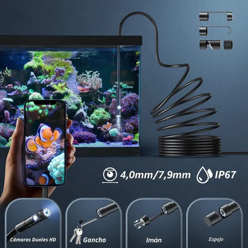 Vista 4 de Cámara endoscópica con luz, herramientas de boroscopio de 1920P HD con 8 luces LED ajustables, endoscopio con cámara de serpiente semirrígida