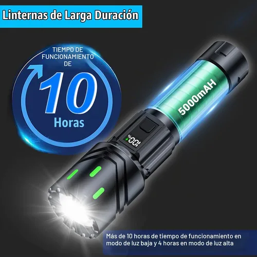 Vista 4 de Linternas Recargables de Alto Lúmenes, Luz LED Súper Brillante, Linternas Tácticas con Pantalla LCD de Energía, 5 Modos, Impermeable, Linterna Más