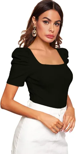 Vista 3 de WDIRARA - Camiseta elegante para mujer, con manga corta abombada y cuello cuadrado