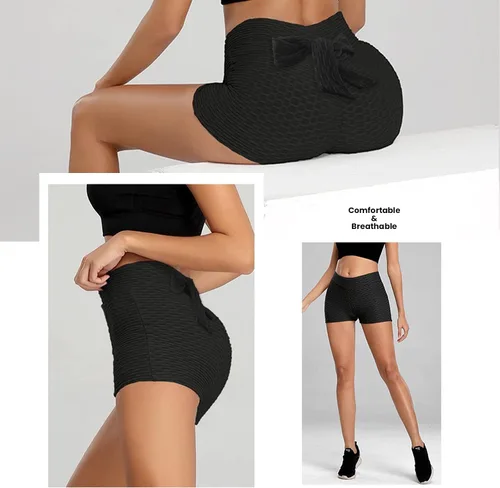 Vista 4 de Pantalones cortos de yoga para mujer, cintura alta, brasileños, texturizados, fruncidos, anticelulíticos, pantalones cortos para levantar los glúteos