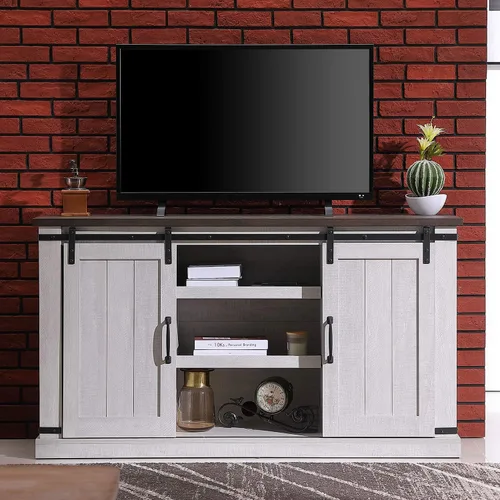 Vista 7 de Soporte de TV de madera moderno de granja blanco y gris para TV de 65 pulgadas, consola de TV rústica, mesa central de entretenimiento multimedia