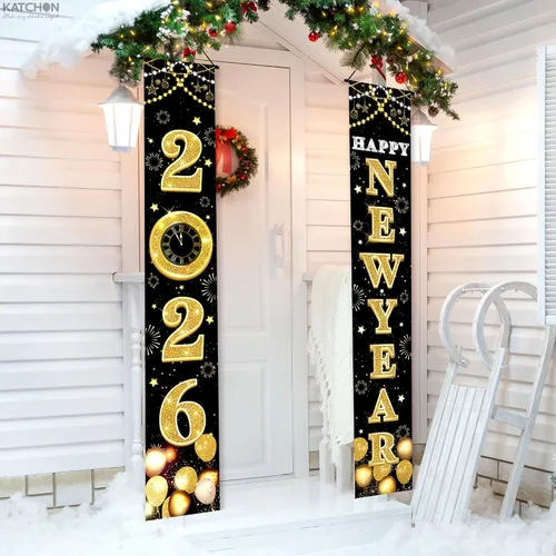 Vista 4 de KatchOn XtraLarge Pancarta de Feliz Año Nuevo 2026 – 72 x 12 pulgadas Pancarta de puerta de Feliz Año Nuevo negra y dorada para decoraciones